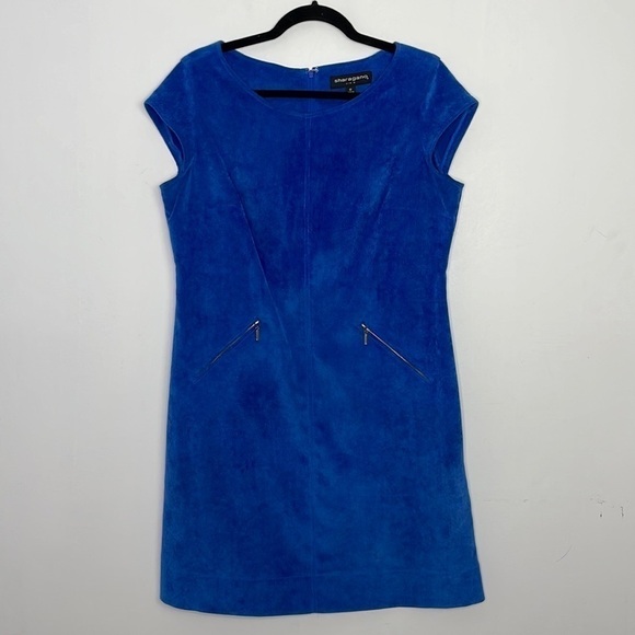 Sharagano ribbed velour zipper pockets mini dress in cobalt blue - Picture 1 of 8